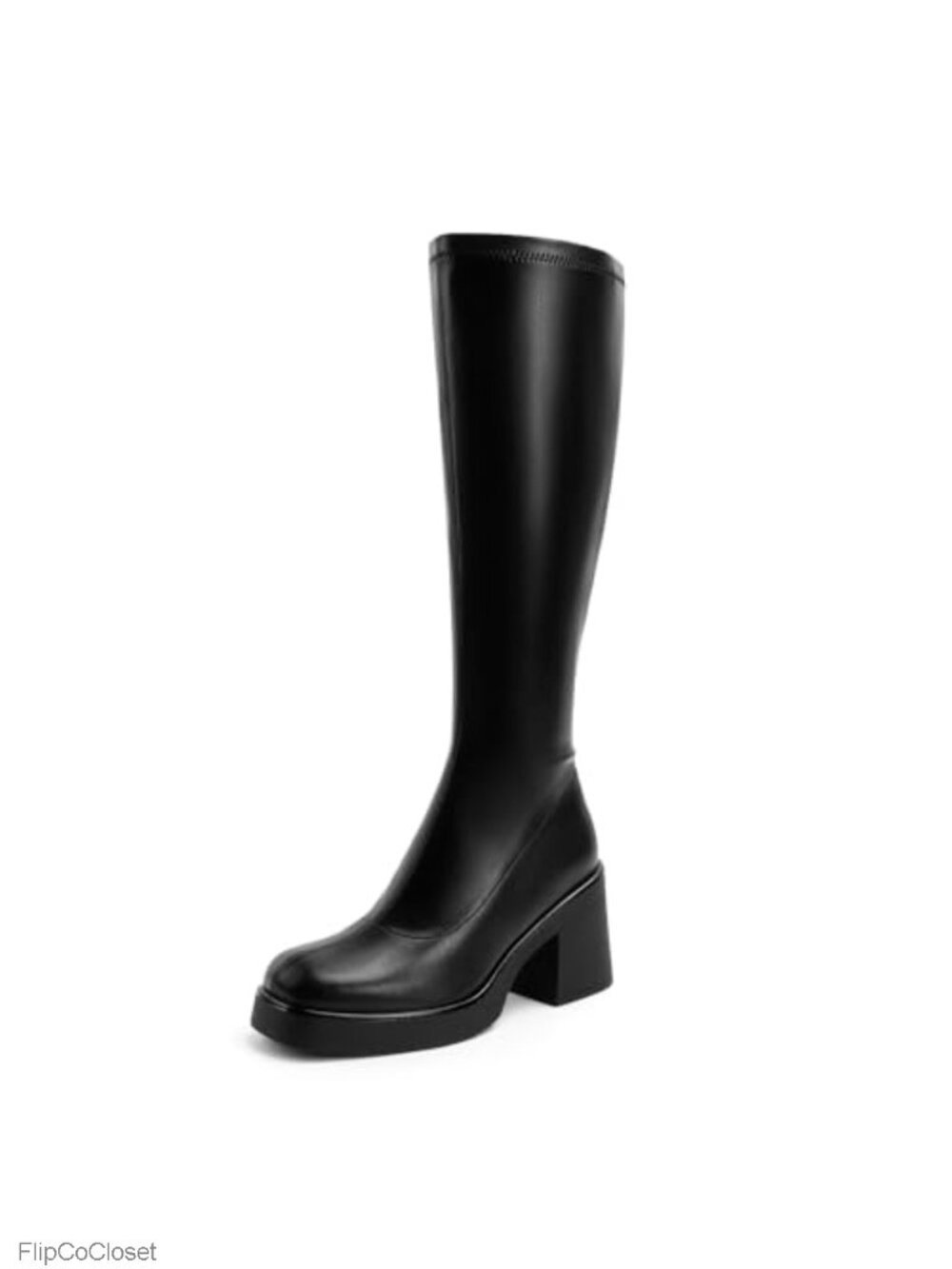 Faux Leather Knee High Platform Boots Square Toe Chunky Heel Side Zip